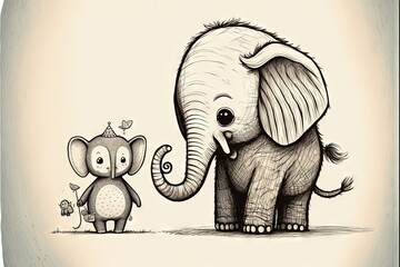  a drawing of an elephant and a baby elephant standing next to each other with a crown on their head and a smaller elephant standing next to it's head, with a smaller elephant,. Generative AI