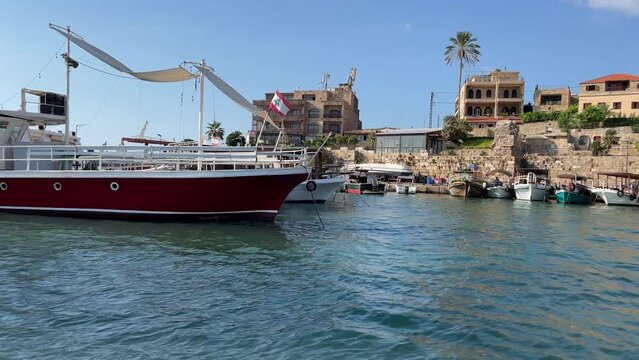 Famous and Historic Mediterranean Coastal Town Byblos, Lebanon - Tourist attractions with restaurants and boats in Lebanon - view from the ocean