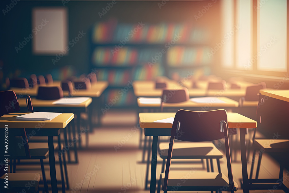Poster blurred image of empty modern classroom with wooden desks and chairs. back to school concept. genera