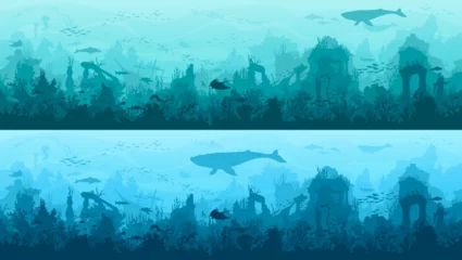  Underwater landscape, whale, sunken ancient city and corals or seaweeds, vector sea or ocean deep water background. Undersea shipwrecks and fishes in sunken ancient city ruins in underwater landscape © Vector Tradition
