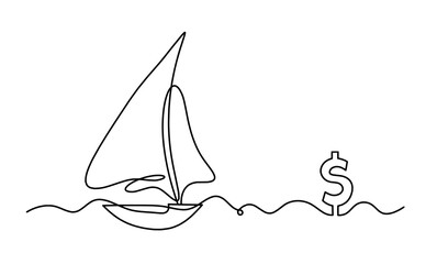 Abstract boat with dollar as line drawing on white background. Vector