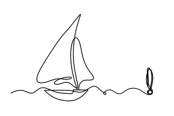 Abstract boat with exclamation mark as line drawing on white background. Vector