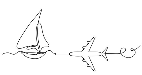 Abstract boat with plane as line drawing on white background. Vector