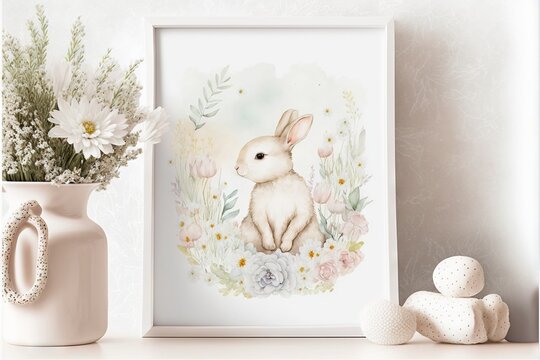  a picture of a white rabbit sitting in a field of flowers next to a vase with flowers in it and a white vase with flowers in it on a shelf with a white background and a. Generative AI