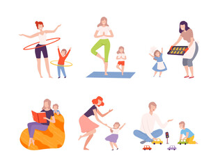 Parents and their kids having good time together set. Families playing hula hoop, doing yoga, baking cookie, reading book, dancing, playing toys flat vector illustration