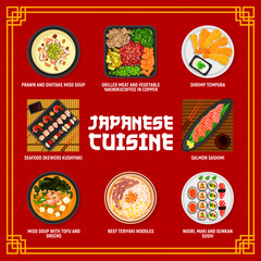Japanese cuisine menu, Asian food dishes and meals, vector restaurant lunch and dinner. Japanese traditional dinner food bowls with sushi, shrimps tempura and salmon sashimi or beef teriyaki noodles