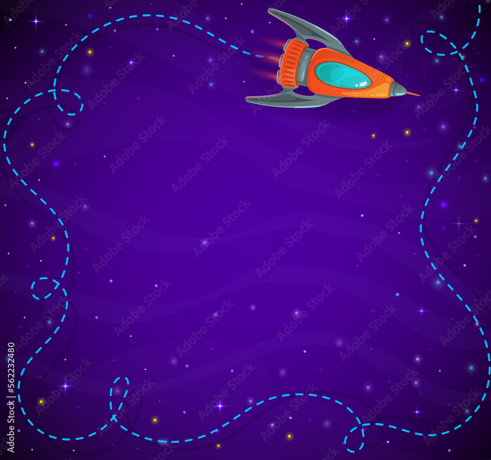 Poster cartoon kids space background with rocket and stars. vector design with cosmos and flying shuttle in