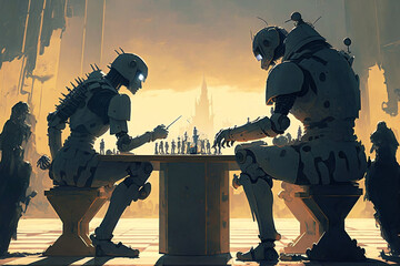 AI's Endgame The Chess Match in a post-apocalyptic world, Two AI Robots playing chess, digital art style, illustration painting, Generative AI 