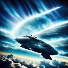 Naklejka na ściany i meble Future airplane/spaceship flies among the clouds. 