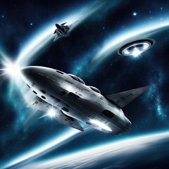 Obraz premium Future airplane/spaceship flies among the clouds. 