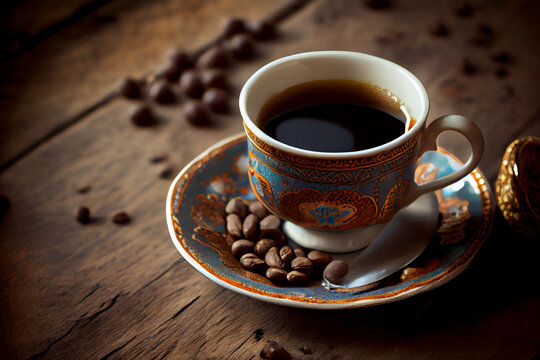 Kaffee Tasse mit Kaffeebohnen und einen Holztisch im Hintergrund - Ai generiert