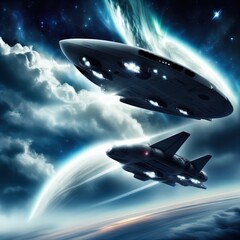 Obraz premium Future airplane/spaceship flies among the clouds. 