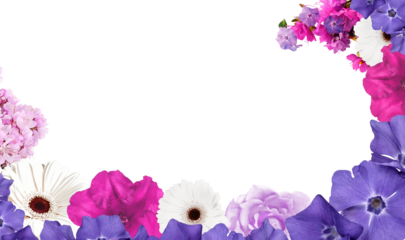 Flower frame of pink, purple and white blossoms