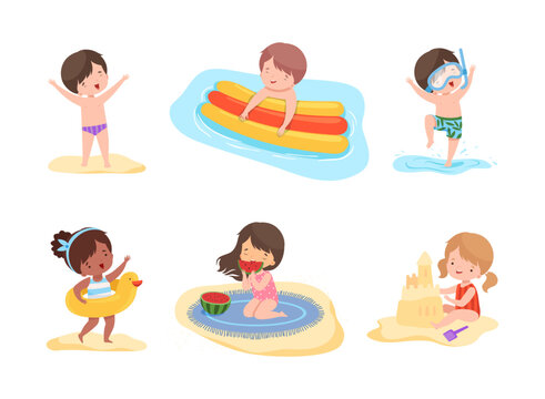 Cute kids playing at beach. Happy little boys anf girls playing at seaside, building sandcastle, diving and sunbathing cartoon vector illustration