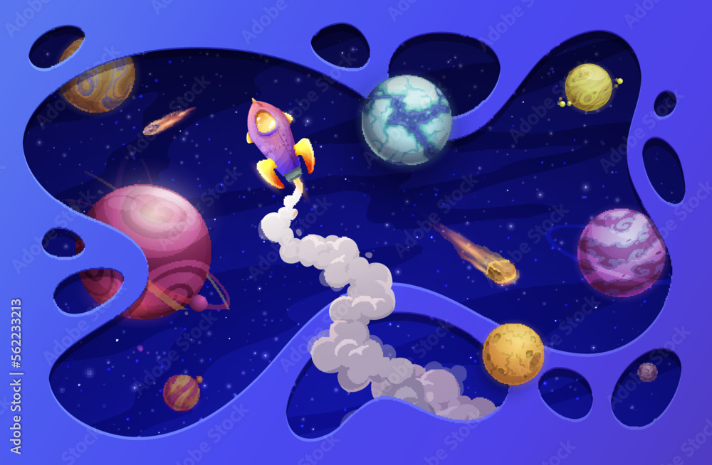 Poster cartoon space paper cut rocket, starry galaxy and planets. vector 3d landscape with spaceship in uni