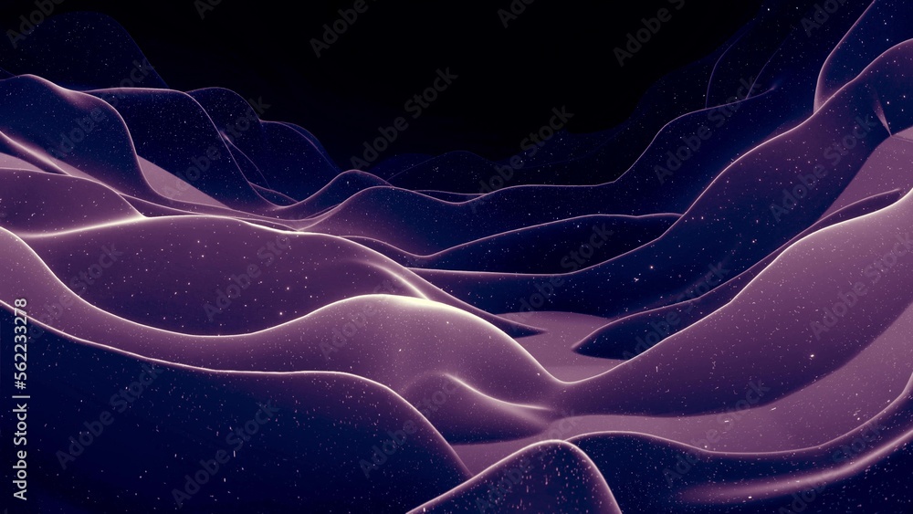 Poster 3d render. abstract waves of soft black matte material with light inner glow and glitters on surface