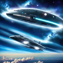 Obraz na płótnie Canvas Future airplane/spaceship flies among the clouds. 