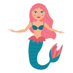Cute cartoon mermaid in flat style isolated on white background. Vector illustration.