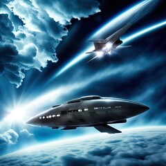 Naklejka na ściany i meble Future airplane/spaceship flies among the clouds. 