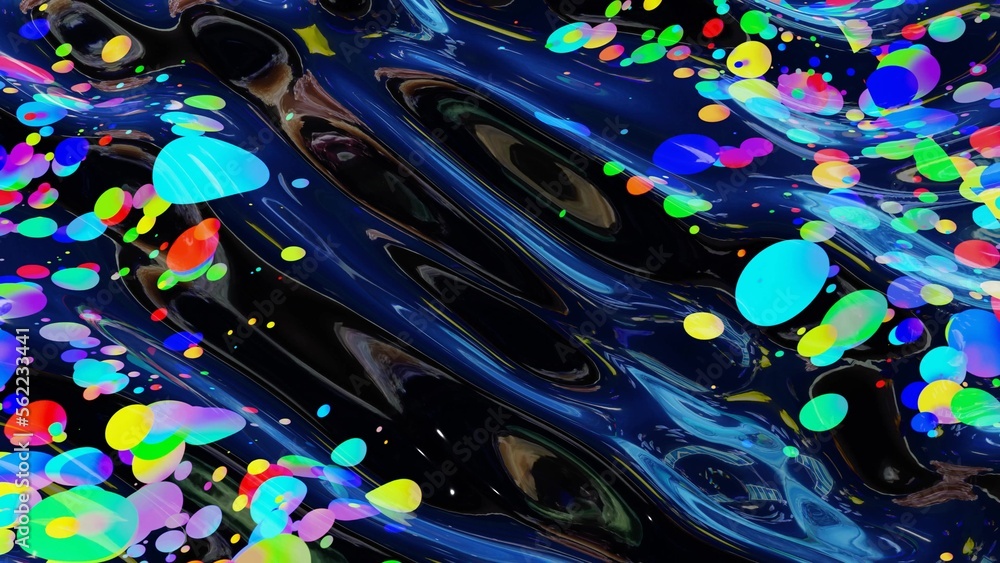 Poster abstract background of shiny glossy surface like wavy transparent liquid with rainbow color circles 