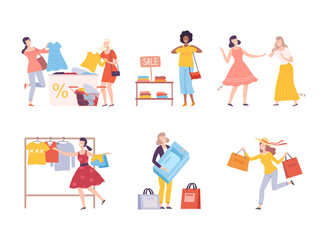 Set of women taking part in seasonal sale. Black Friday sale event flat vector illustration