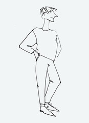 Figure of a young man waving. line illustrations, Flat style, isolated vector element, hand lettering