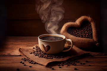 Kaffee Tasse mit Kaffeebohnen und einen Holztisch im Hintergrund - Ai generiert