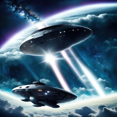 Obraz premium Future airplane/spaceship flies among the clouds. 