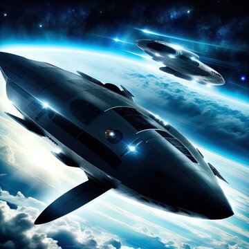 Future airplane/spaceship flies among the clouds. 