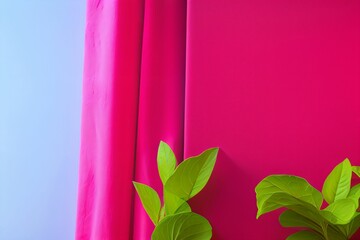 pink curtains with green leaves. generative ai
