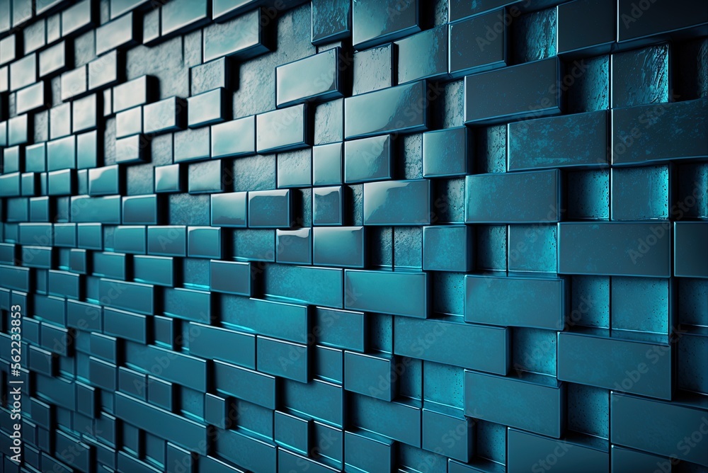 Poster patina blue, a mosaic tile wall that has been polished to a high sheen. bricks with a glazed, rectan