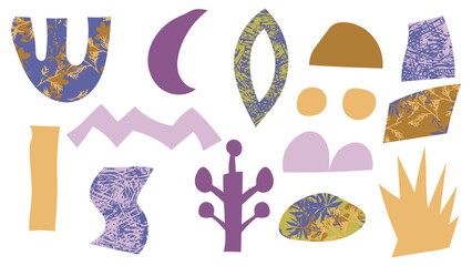 Cute set of abstract clip art aesthetic floral shapes. Poster with creative modern elements isolated on white background.