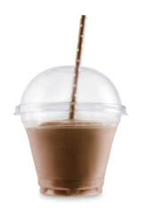 Chocolate coffee cocktail smoothie in a plastic glass on a white isolated background