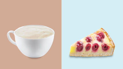 Fresh hot coffee drink in a white cup with cheesecake on a blue brown background