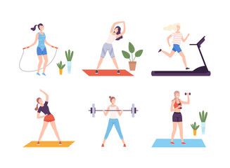 Fototapeta na wymiar Young women doing sports set. Athletic women jumping with skipping rope, running in treadmill, lifting barbell flat vector illustration