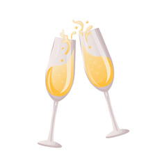 Sparkling glasses with Champagne. Toast of two clinking wine glasses, surrounded by bubbles. Birthday party, celebration, holiday, event, festive, congratulations concept. Cartoon vector