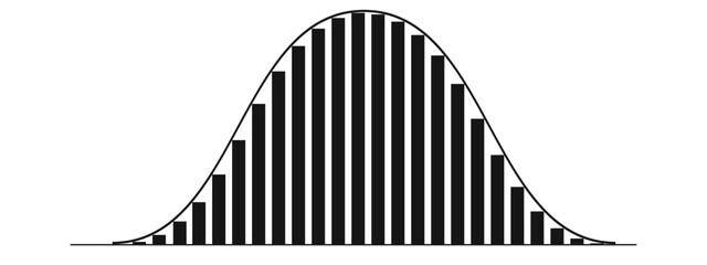 Gaussian or normal distribution histogram. Bell curve template with columns. Probability theory concept. Layout for financial, statistics or logistic data