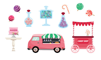 Set of beautiful candy shop in cartoon style. Vector illustration of sweets and mobile candy shops with a variety of candies in jars, cakes, pies and lollipops on white background.