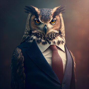 Owl in a Business Suit, Animal Businessman, Predatory Bird Dangerous Boss, Owl Headed Man in a Formal Business Suit, Generative AI Illustration