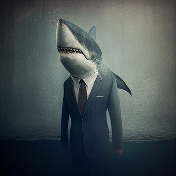 Shark in a Business Suit, Animal Businessman, Funny Dangerous Boss, Shark Headed Man in a Formal Business Suit, Generative AI Illustration