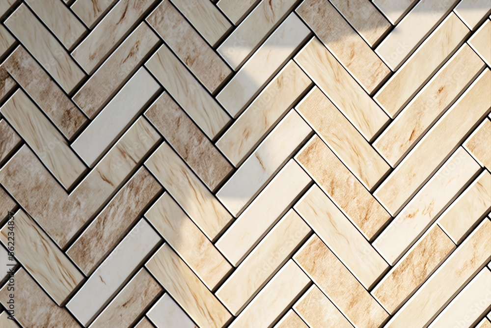 Poster wall made with a herringbone pattern of natural stone mosaic tiles. bricks are piled and polished to