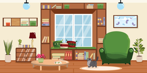 Vector illustration of modern interior living room. Cartoon interior with coffee table, books, cat, shelves, bedside table, flowerpots, armchair, picture. Home library with bookshelves.