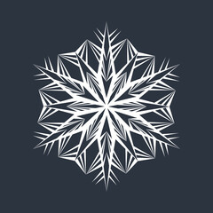 White hexagonal snowflake on a dark background. A unique author's snowflake to decorate the winter holidays. Vector image of a Christmas symbol.