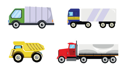 Set of beautiful trucks in cartoon style. Vector illustration of vehicles for the transport of different types of goods such as a dump truck, a garbage truck and a semi-trailer on white background.