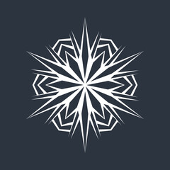 White hexagonal snowflake on a dark background. A unique author's snowflake to decorate the winter holidays. Vector image of a Christmas symbol.