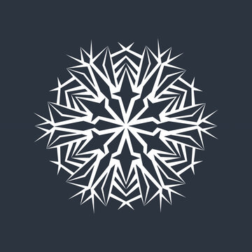 White hexagonal snowflake on a dark background. A unique author's snowflake to decorate the winter holidays. Vector image of a Christmas symbol.