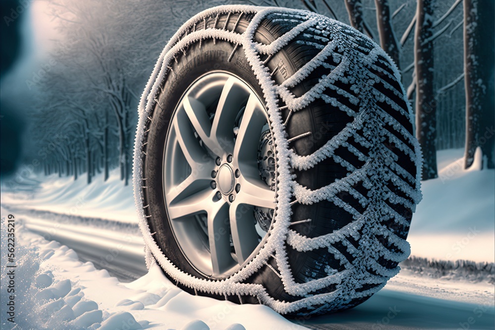 Poster tires equipped with snow chains for use in the winter generative ai
