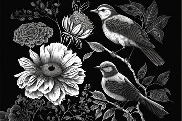  a black and white drawing of two birds on a branch with flowers and leaves on a black background with a white outline of the image of a bird and a flower and a white background. Generative AI