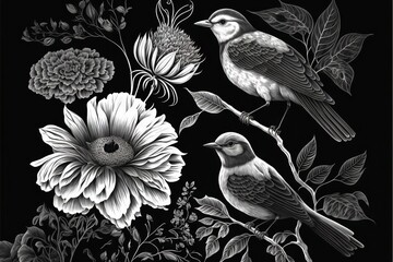 Fototapeta premium a black and white drawing of two birds on a branch with flowers and leaves on a black background with a white outline of the image of a bird and a flower and a white background. Generative AI