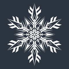 White hexagonal snowflake on a dark background. A unique author's snowflake to decorate the winter holidays. Vector image of a Christmas symbol.